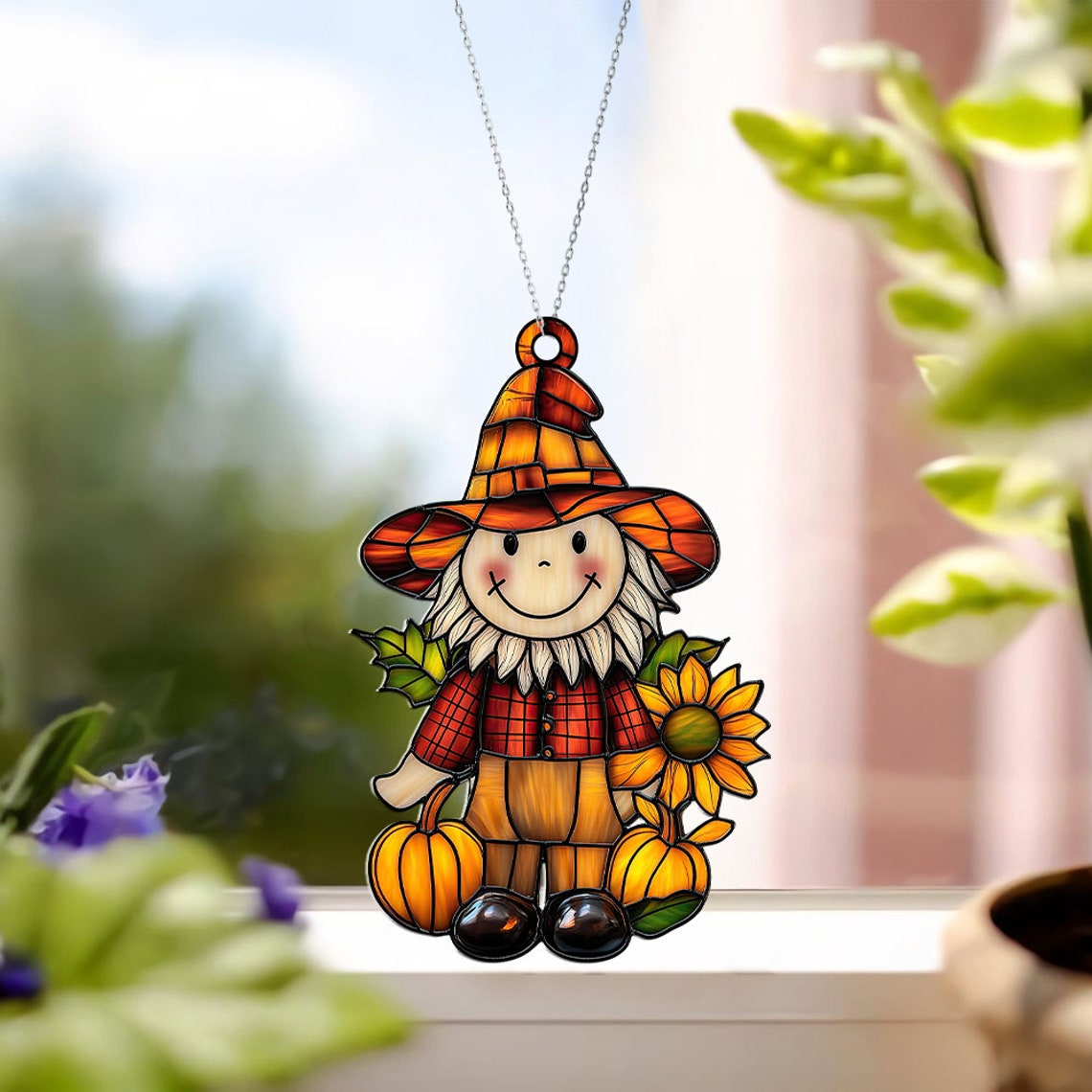 Scarecrow Pumpkin Hanging Suncatcher, Autumn Thanksgiving Ornament Decor