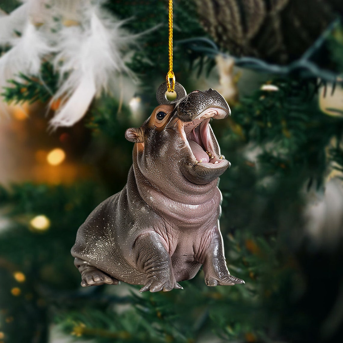 Christmas Baby Hippo Moo Deng Flat Car Ornament, Pygmy Hippo Rearview Mirror Car Ornament, Hippo Funny Hanging Christmas Ornament Decor Gift