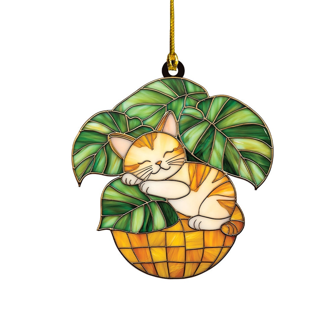 Cat Sleeping on Monstera Pot Suncatcher, Cat on Plant Pot Hanging Ornament Decor Home