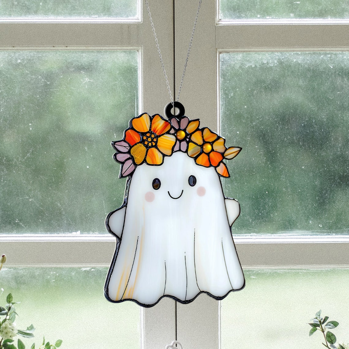 Ghost Pretty With Flowers Crown Suncatcher, Cute Ghost Halloween Hanging Ornament