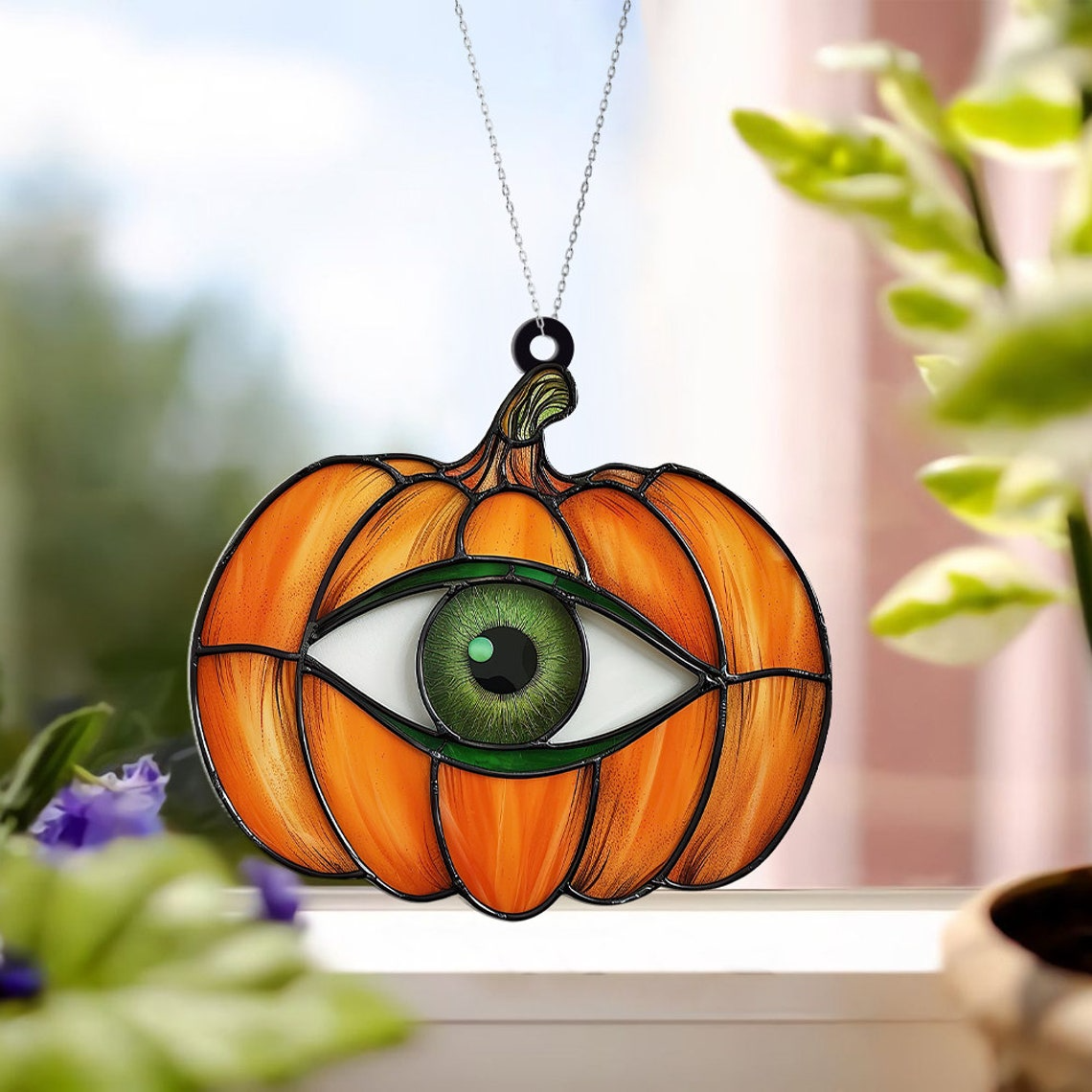 Pumpkin with Eye Suncatcher Ornament, Halloween Pumpkin Fall Ornament Decor