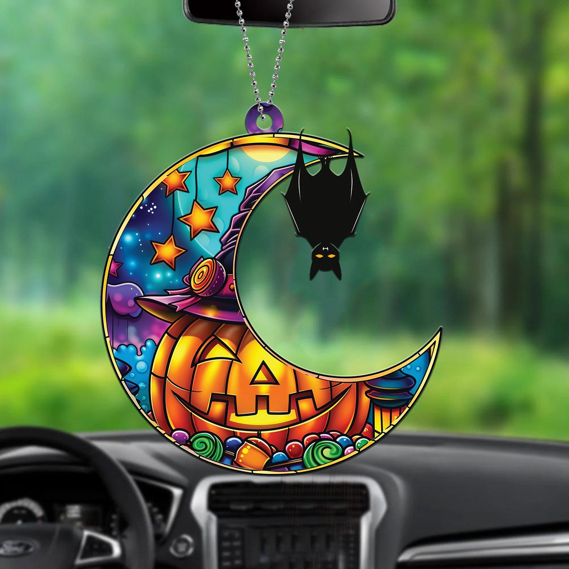 Bat on the Moon Pumpkin Halloween Hanging Suncatcher, Halloween Bat Moon Ornament