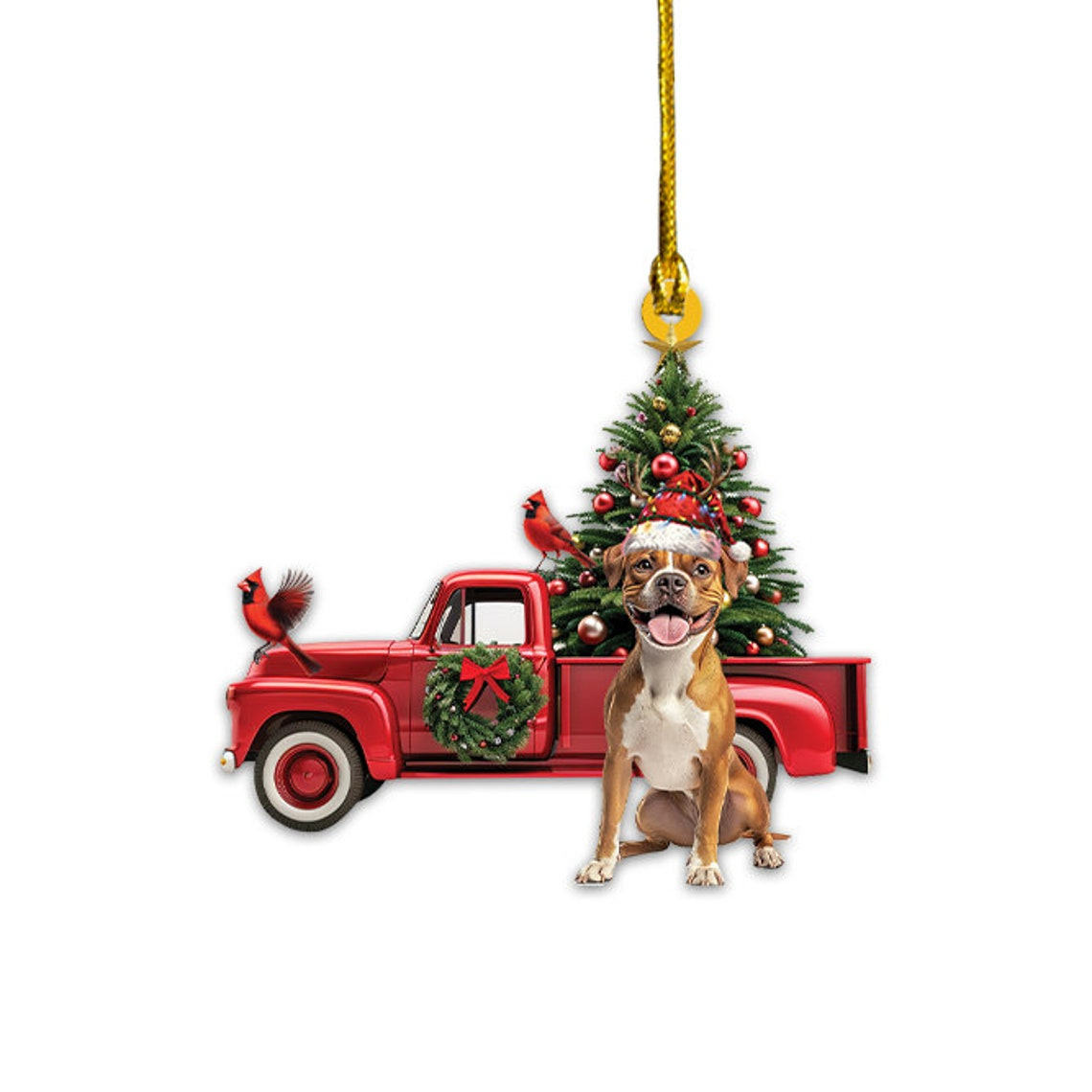 Boxer Dog Red Truck Hanging Christmas Ornament, Boxer Dog Rearview Mirror Car Ornament Decor