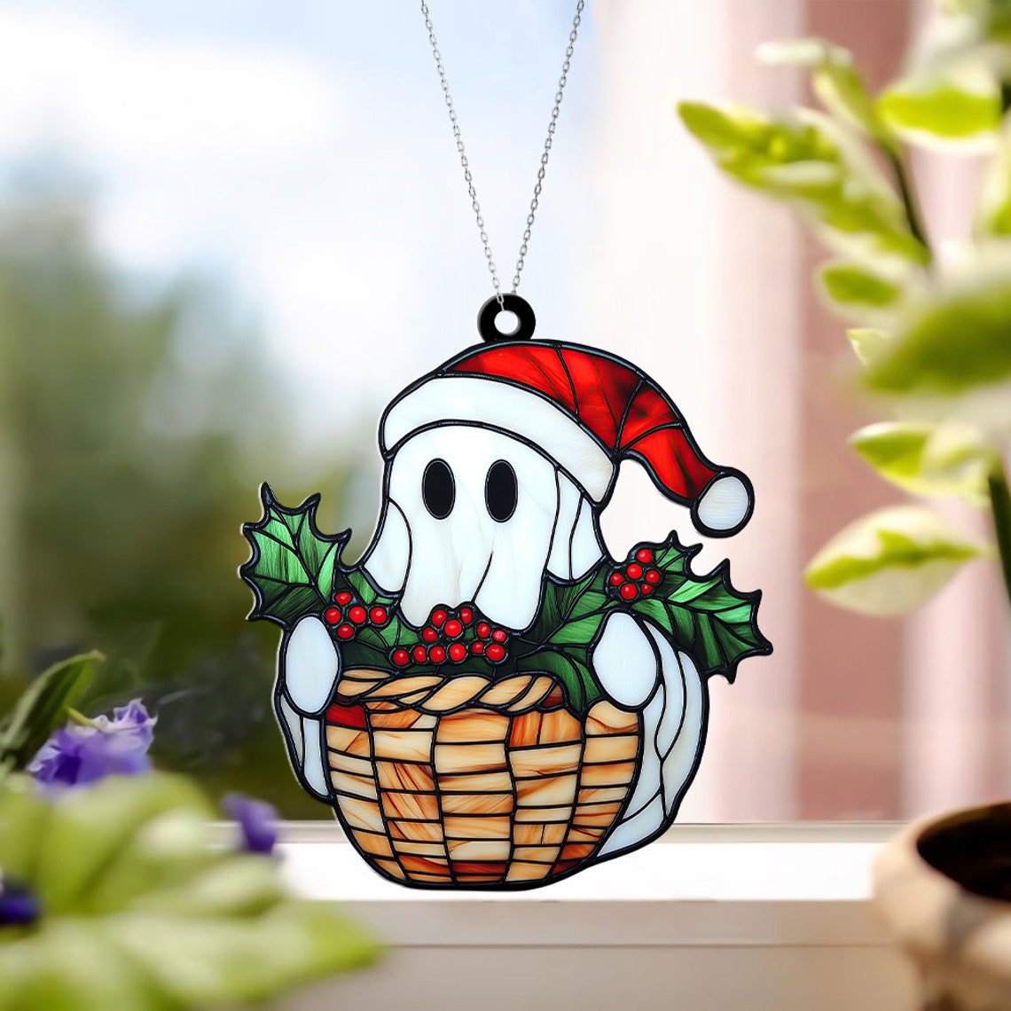 Ghost With Poinsettia Christmas Ornament, Poinsettia Flowers Window Suncatcher