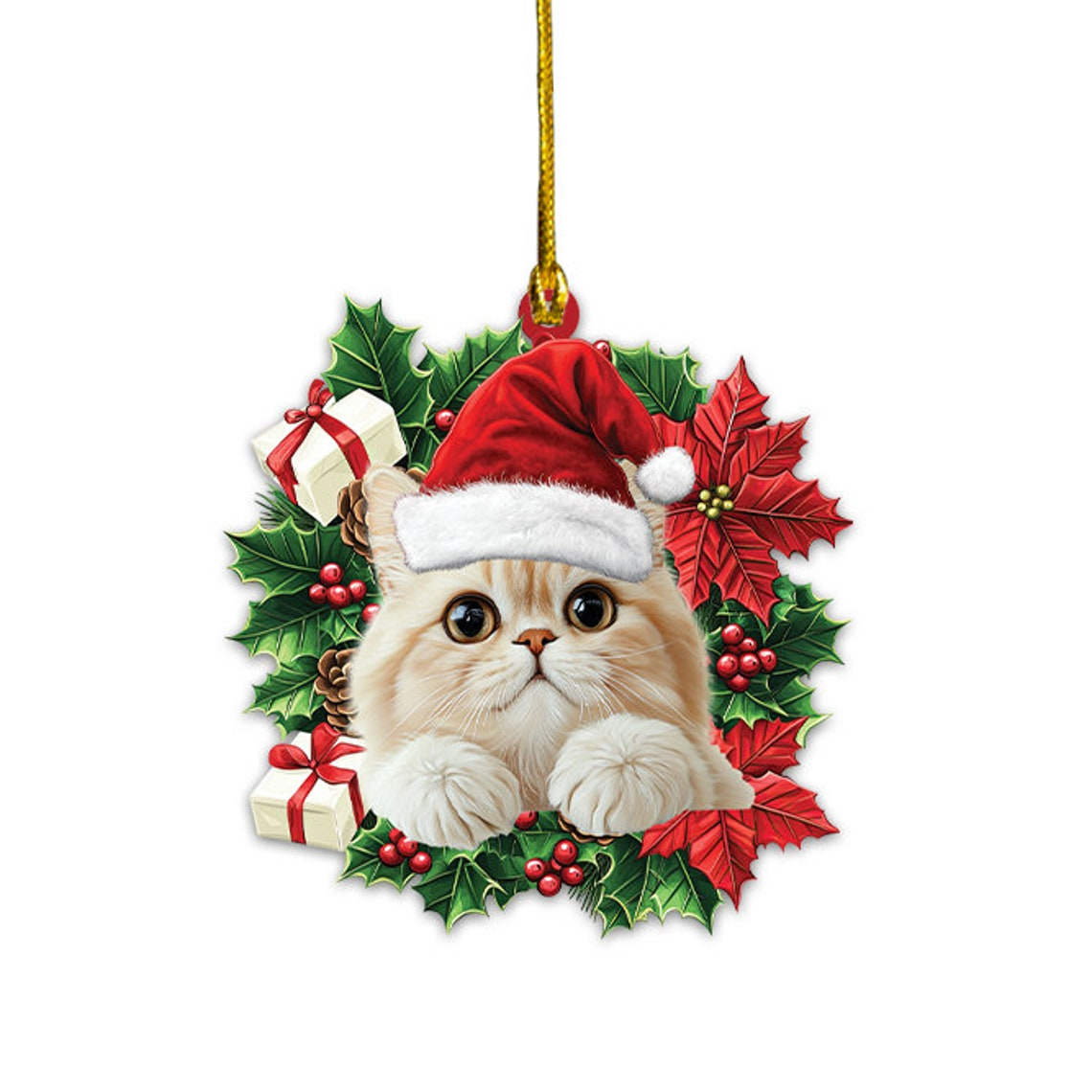 Persian Cat Christmas Wreath Ornament, Cute Cat Rearview Mirror Car Ornament Decor Gift