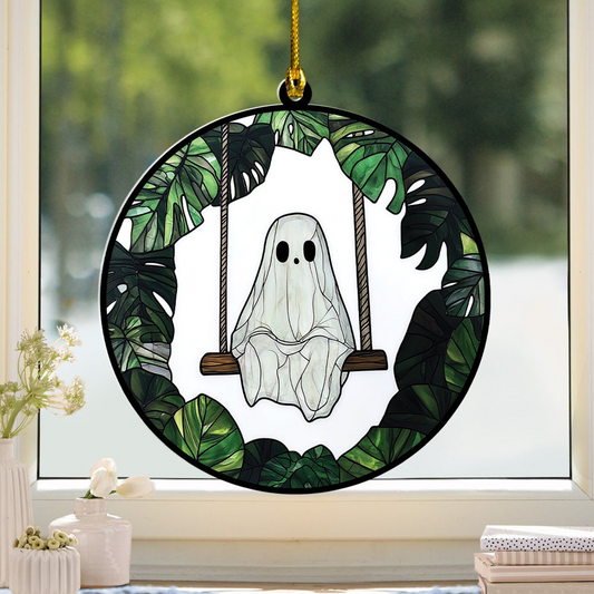 Cute Ghost Playing Swing Suncatcher, Cute Ghost Halloween Ornament Decor