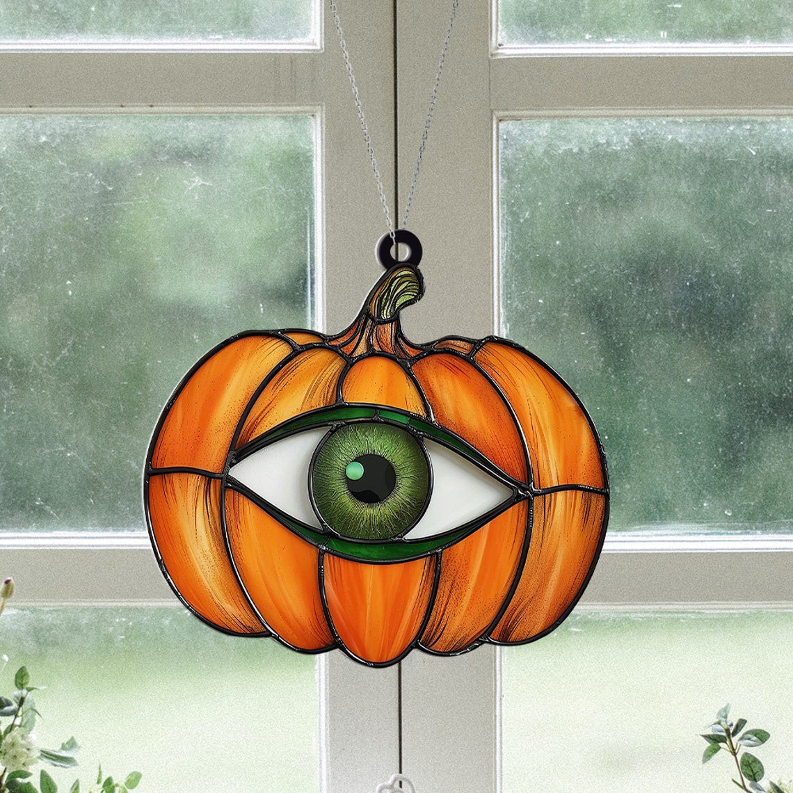 Pumpkin with Eye Suncatcher Ornament, Halloween Pumpkin Fall Ornament Decor