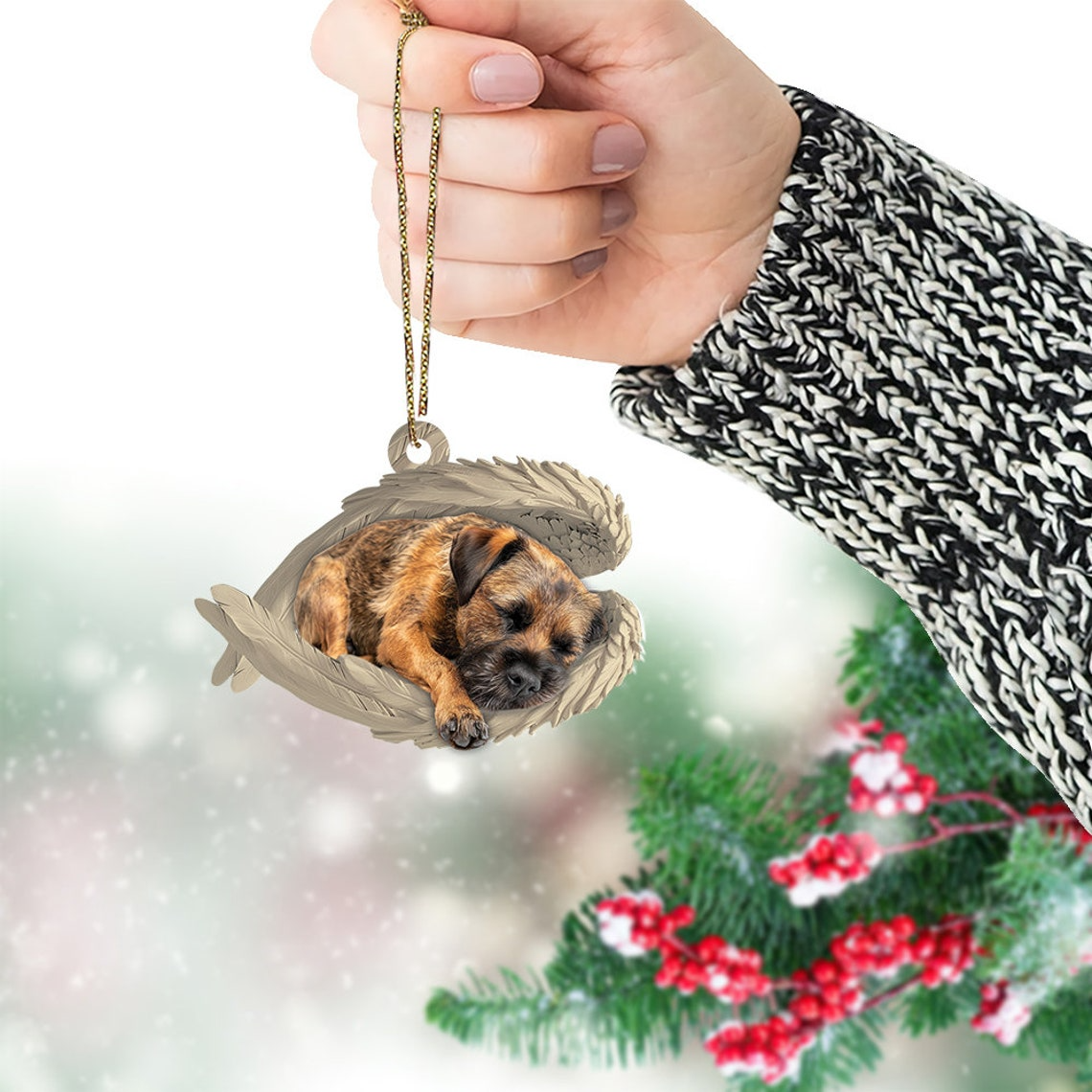 Border Terrier Dog Sleeping Angel Wings Ornament Gift, Border Terrier Dog Car Christmas Ornament