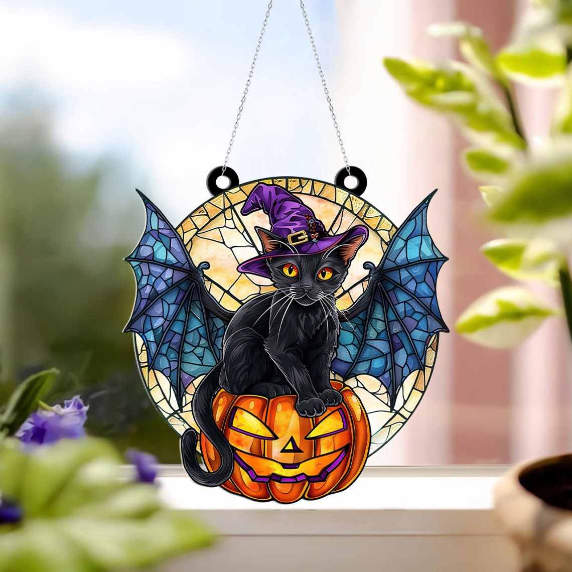 Cat Witch with Hat Purple Halloween Suncatcher, Cat Witch Window Hanging Decor