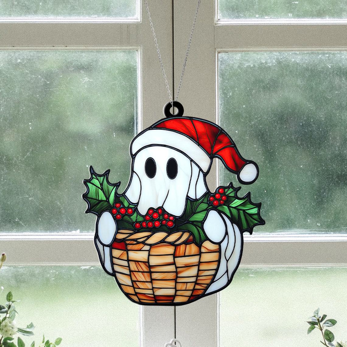 Ghost With Poinsettia Christmas Ornament, Poinsettia Flowers Window Suncatcher