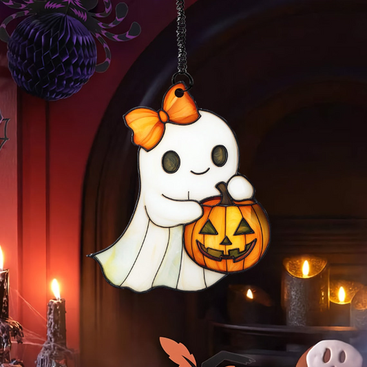 Halloween Girl Ghost with Bow Suncatcher, Cute Ghost Window Hanging Ornament  Decor