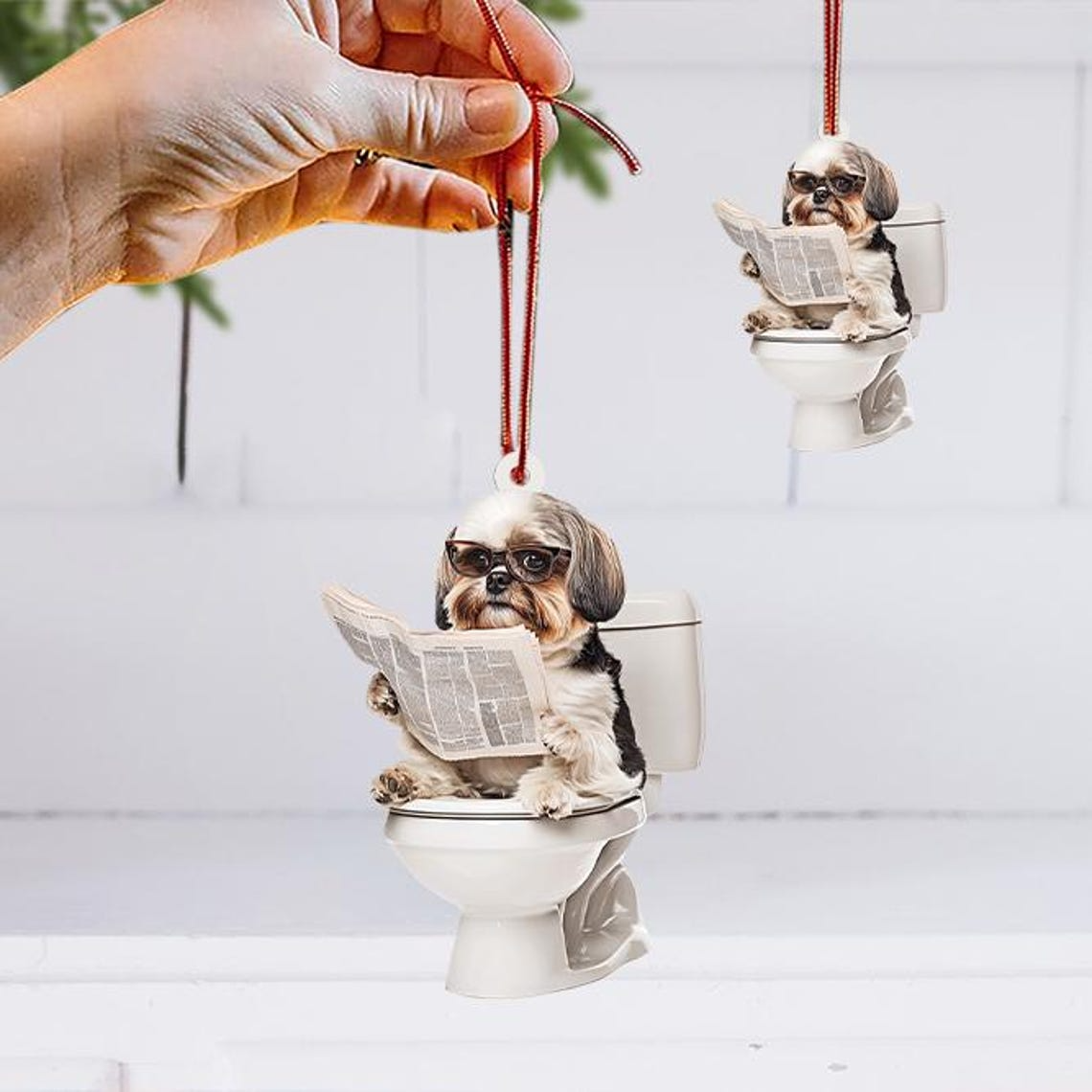 Shih Tzu Dog Sitting On Toilet Ornament, Shih Tzu Dog Ornament Christmas Decor