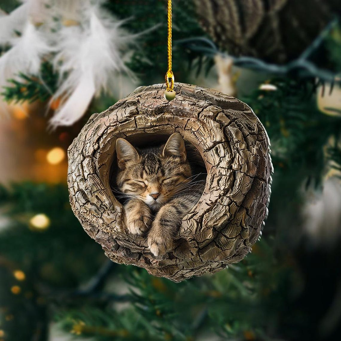 Cute Cat Sleeping Christmas Ornament, Cat Hanging Ornament Holiday Decor Gift