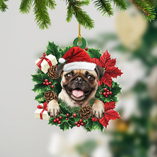 Lovely Pug Dog Christmas Wreath Ornament, Pug Dog Hanging Christmas Tree Ornament Decor