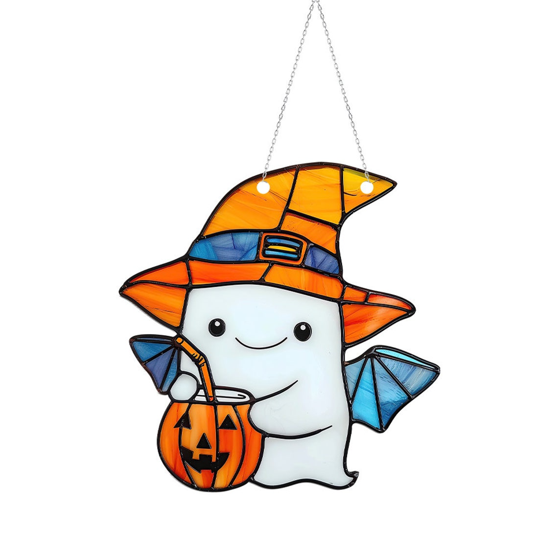 Cute Ghost Winged and Pumpkin Halloween Suncatcher, Halloween Ghost Hanging Ornament