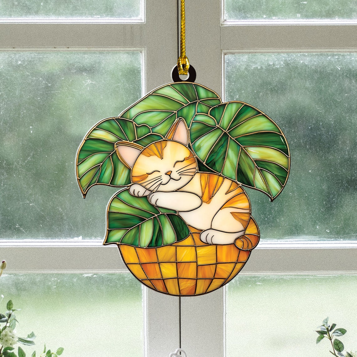 Cat Sleeping on Monstera Pot Suncatcher, Cat on Plant Pot Hanging Ornament Decor Home