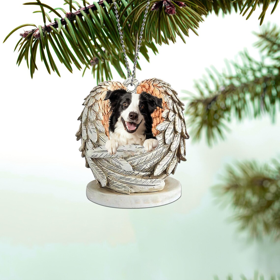 Border Collie Dog Angel Wings Christmas Hanging Ornament, Cute Border Collie Dog Flat Christmas Ornament