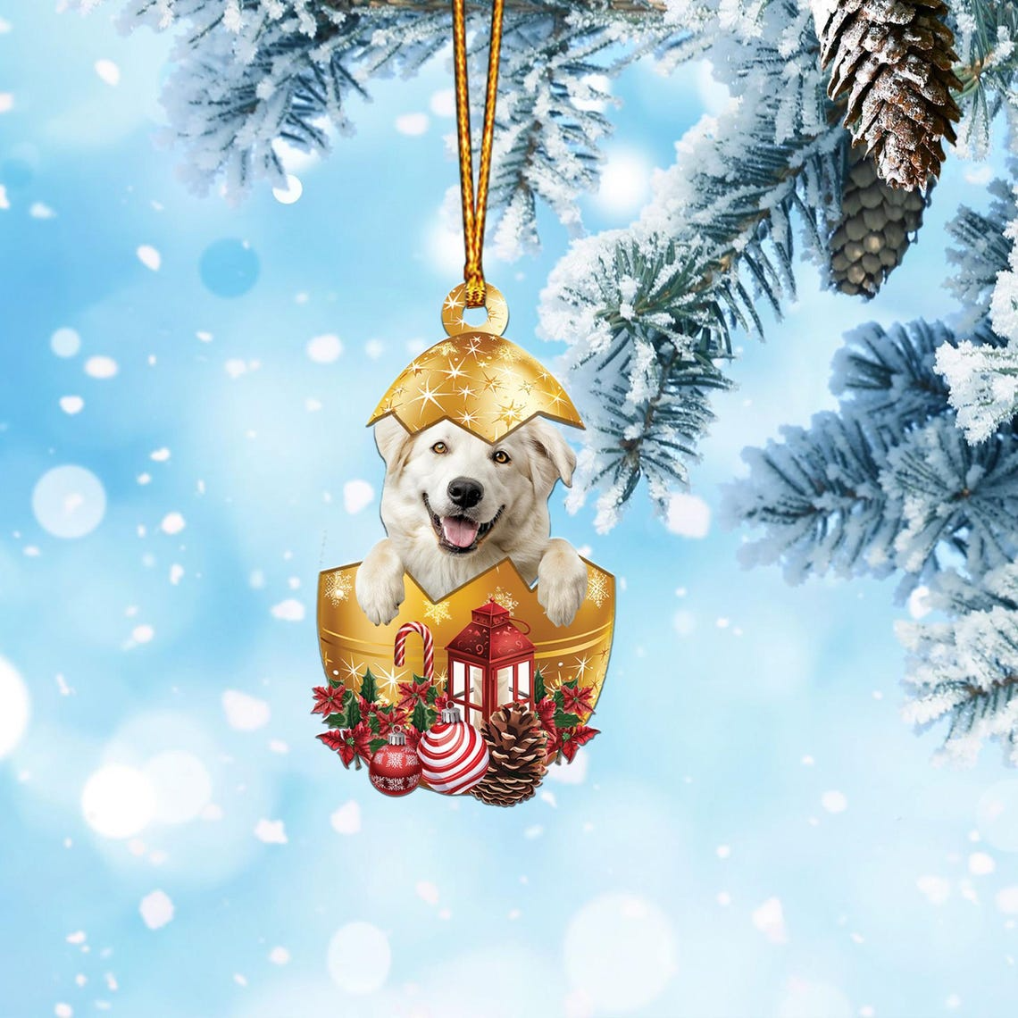 White Anatolian Shepherd In in Golden Egg Christmas Ornament, Dog White Hanging Ornament Decor