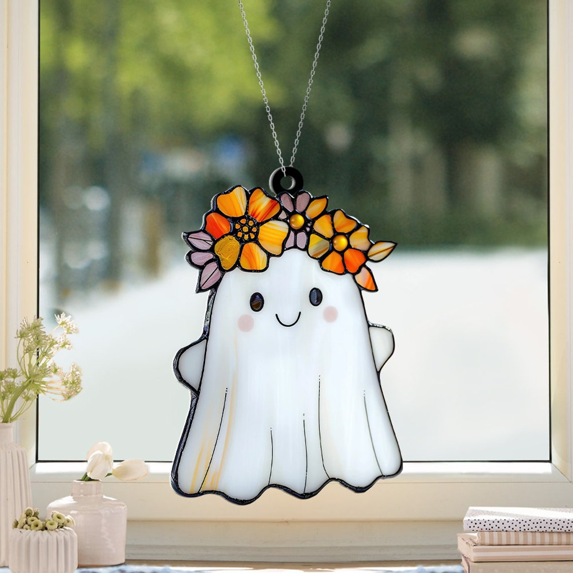 Ghost Pretty With Flowers Crown Suncatcher, Cute Ghost Halloween Hanging Ornament