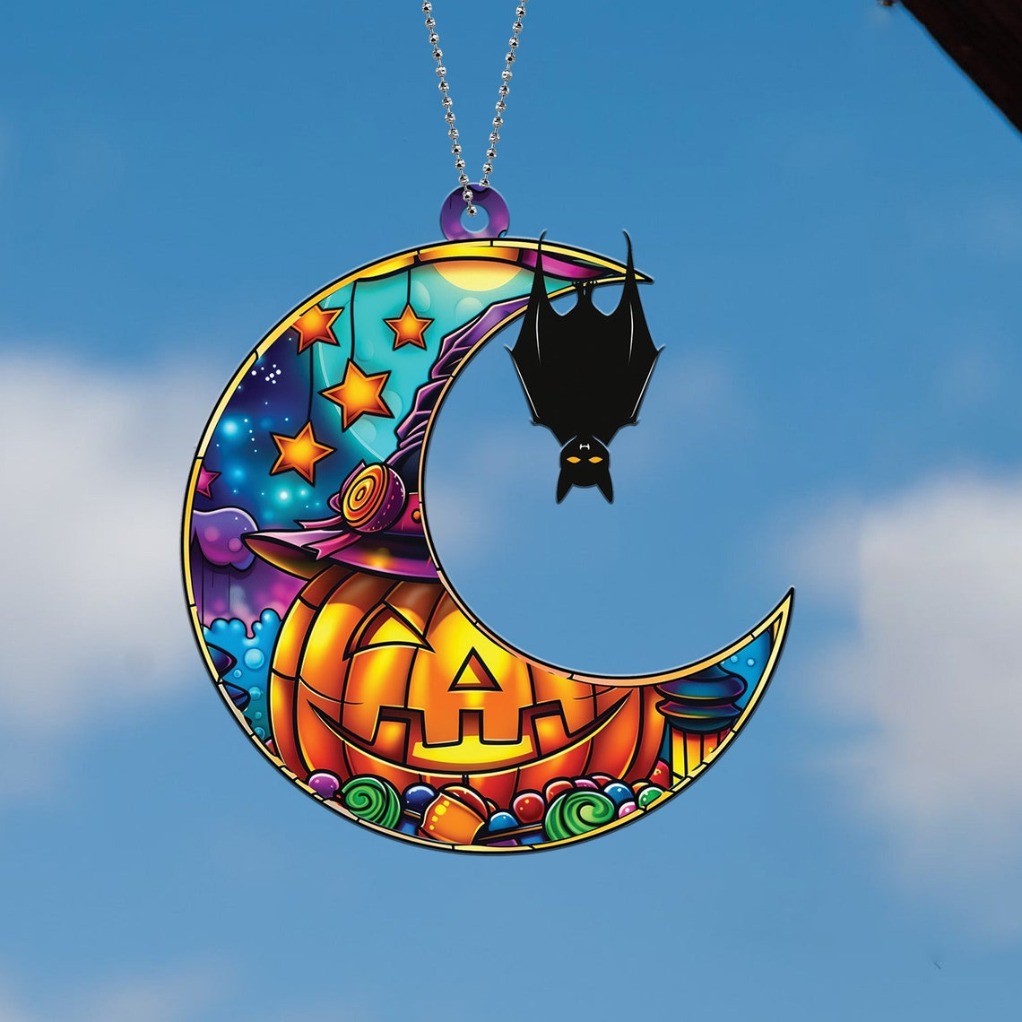 Bat on the Moon Pumpkin Halloween Hanging Suncatcher, Halloween Bat Moon Ornament