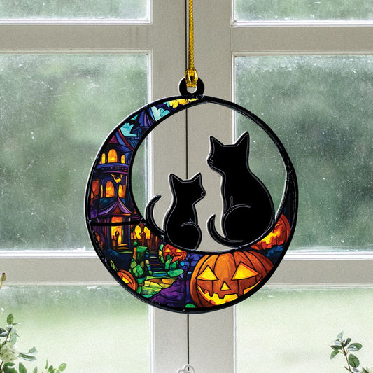 Two Cats on Halloween Suncatcher Ornament, Two Cats on Halloween Window Hanging Decor