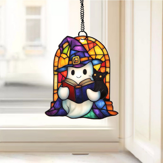 Cute Ghost and Cat Witchy Halloween Suncatcher, Window Hanging Decor