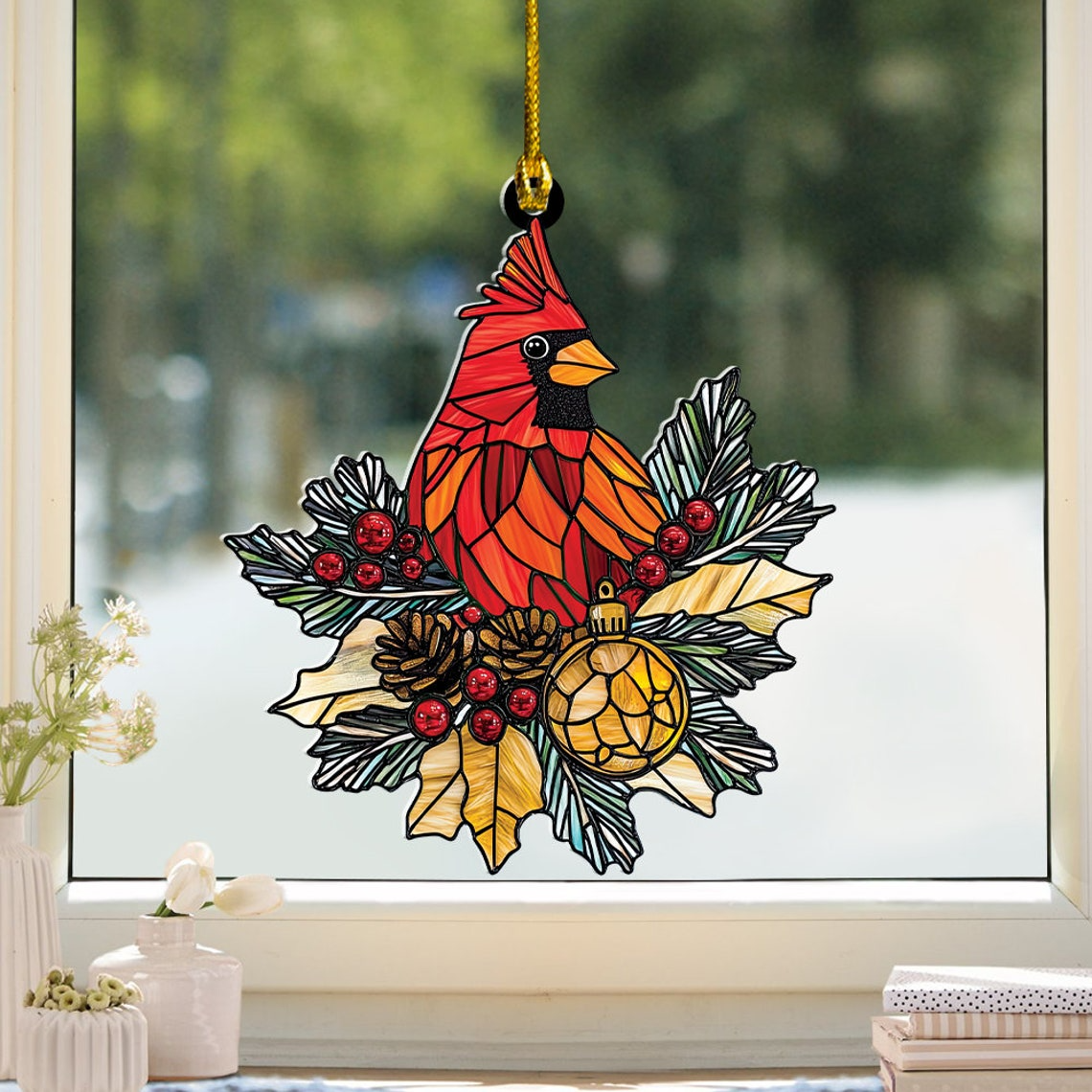 Cardinals Suncatcher Ornament, Cardinals Christmas Ornament Decor