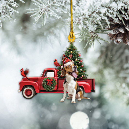 Christmas Cute Beagle Dog Red Truck Ornament, Unique Beagle Dog Christmas Ornament Gift