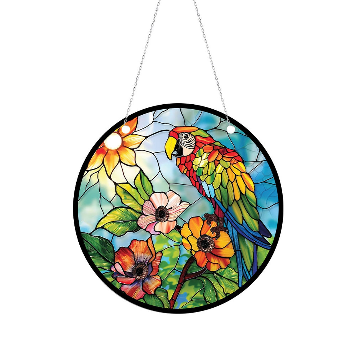 Parrot and Flower Suncatcher Ornament, Parrot Floral Window Hanging Ornament Decor