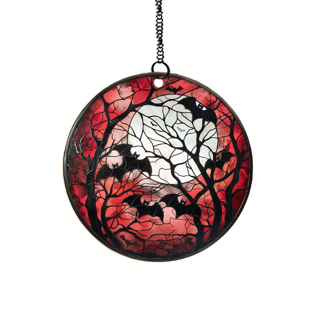 Bat And Moon with Red Sky Halloween Suncatcher, Halloween in the Night Moon Ornament