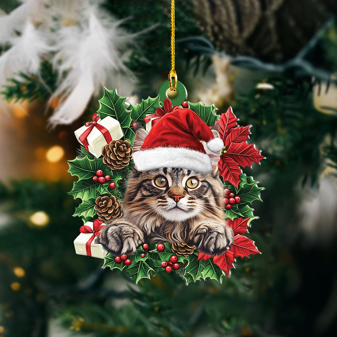 Maine Coon Cat Christmas Wreath Ornament, Maine Coon Cat Christmas Ornament Decor Holiday