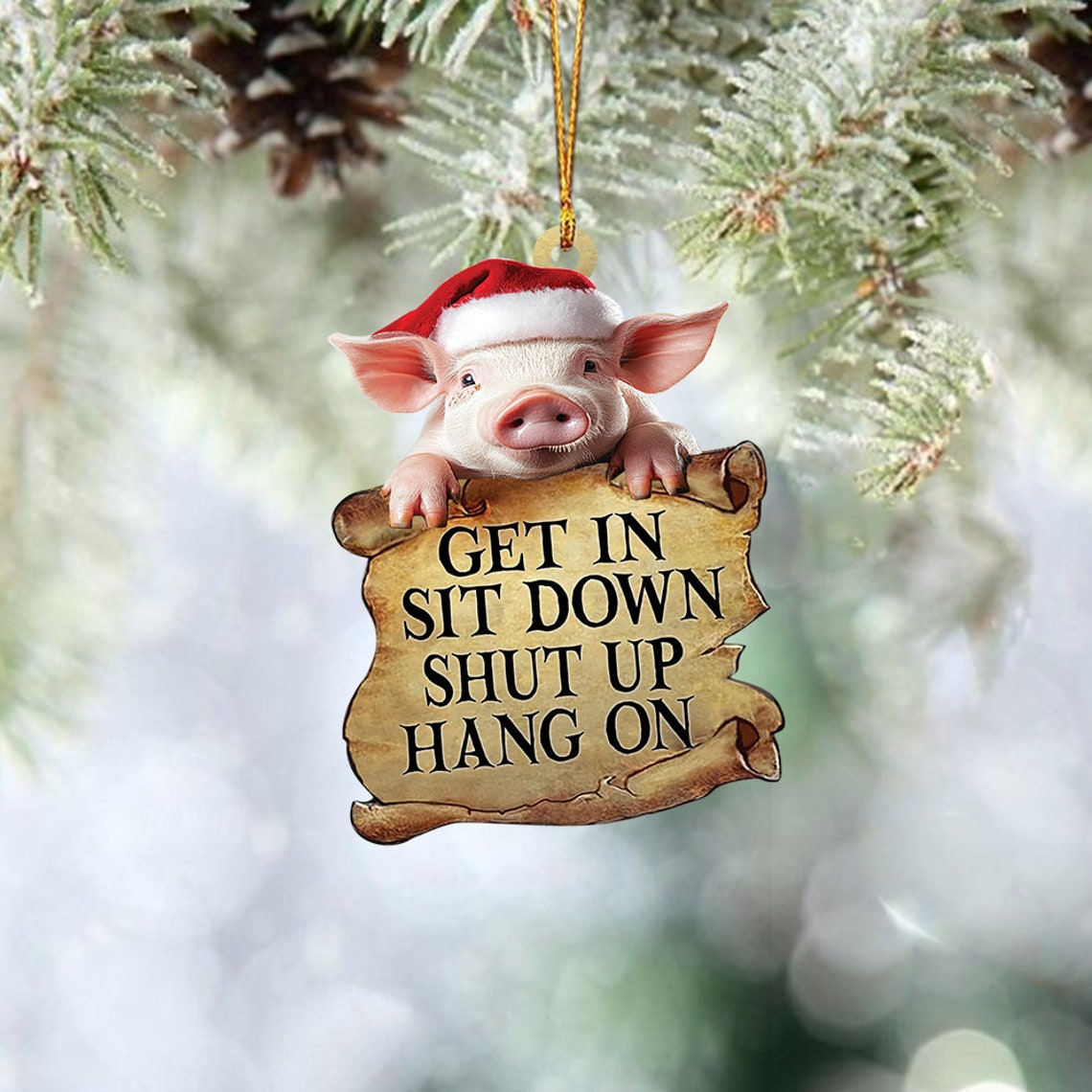 Cute Pig Get In Sit Down Shut Up Hang On Ornament, Pig Flat Car Hanging Christmas Ornament Decor