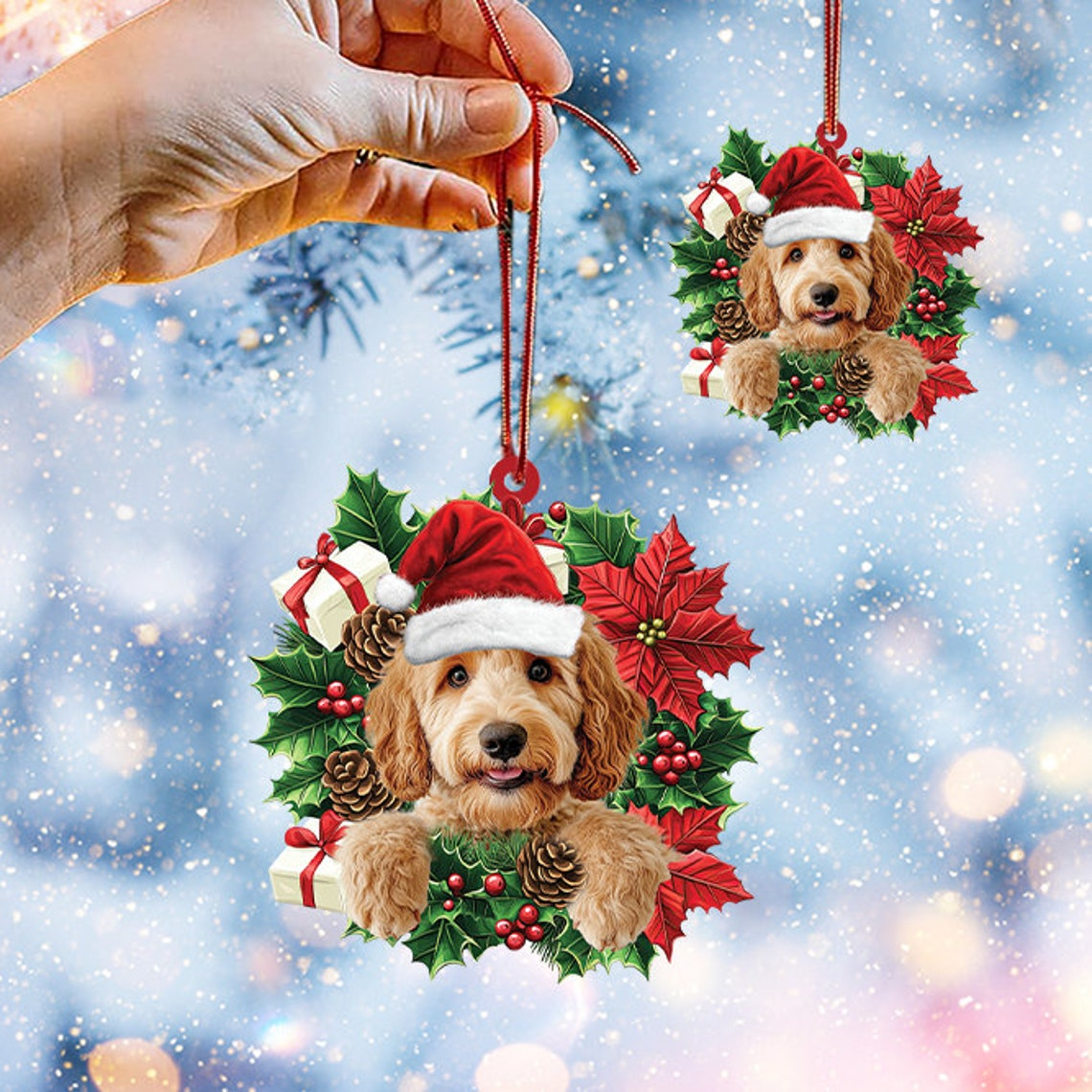 Goldendoodle Dog Christmas Wreath Ornament, Goldendoodle Dog Hanging Christmas Ornament Decor Gift