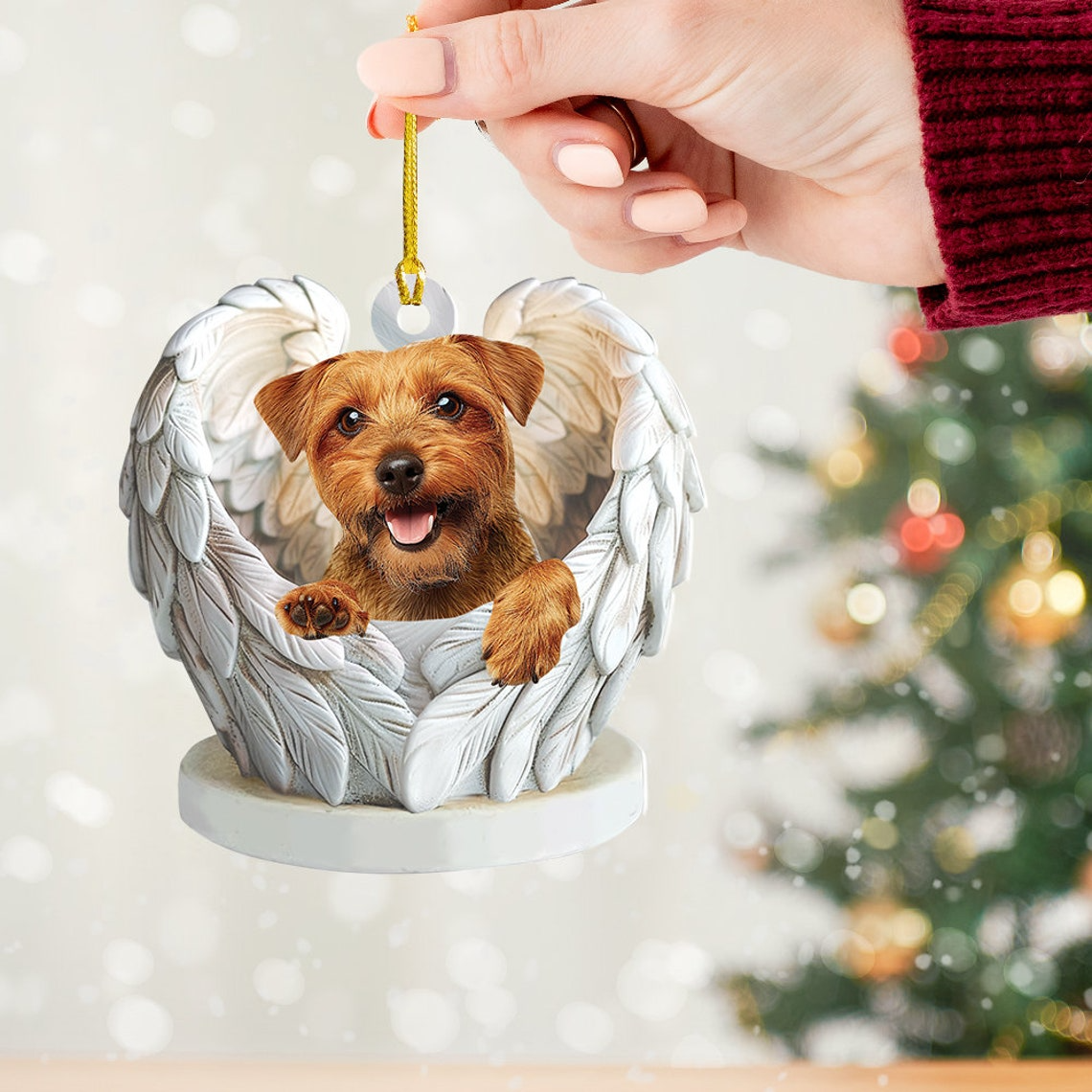 Norfolk Terrier Dog Angel Wings Hanging Ornament, Norfolk Terrier Dog Christmas Ornament