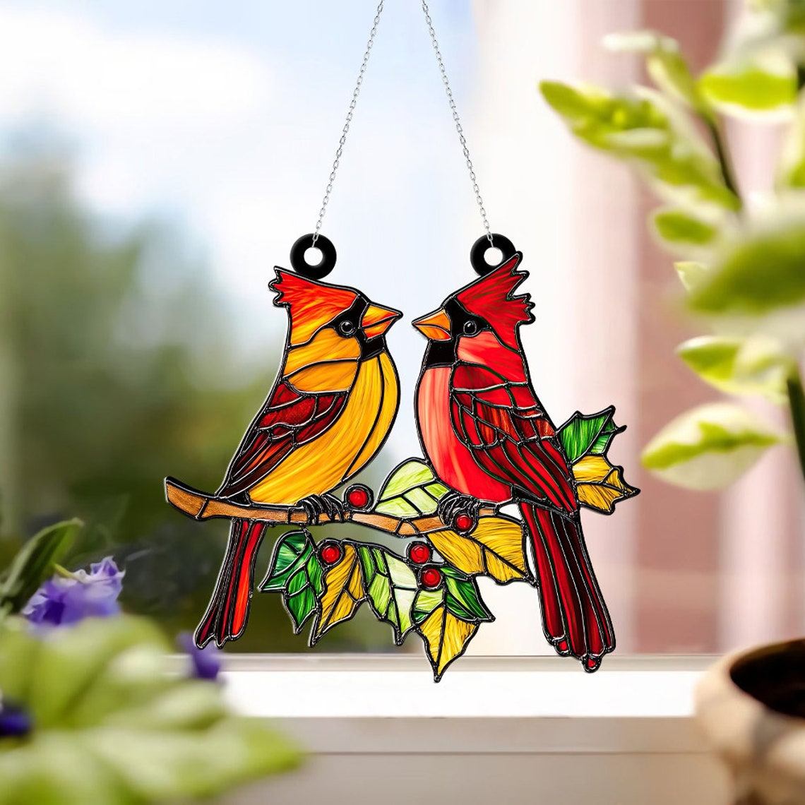 Cardinals Couple Suncatcher Ornament, Cardinals Christmas Ornament