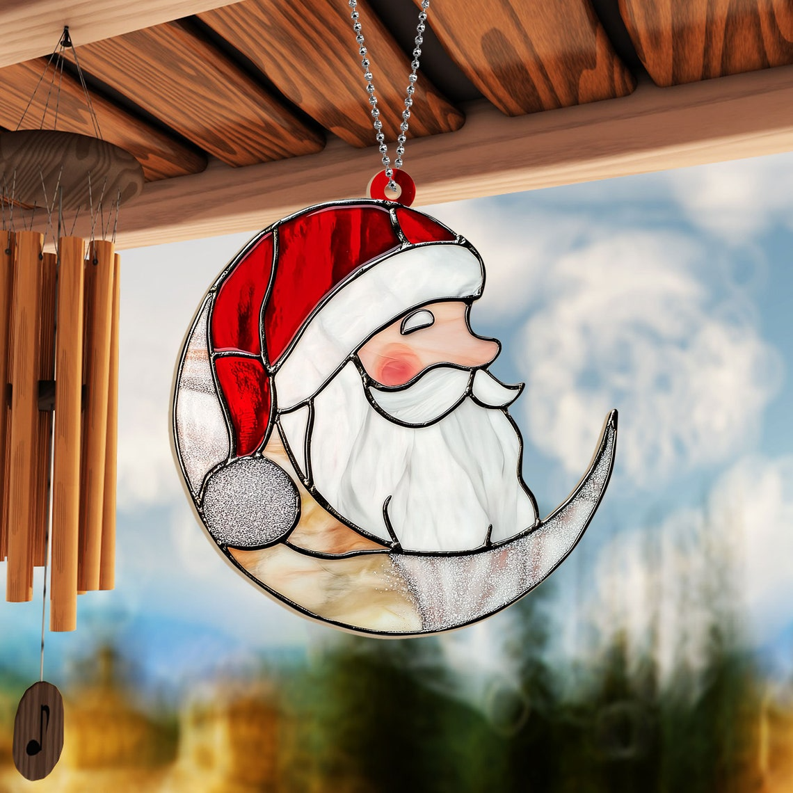 Santa Face on the Moon Suncatcher Ornament, Santa Claus Hanging Christmas Ornament