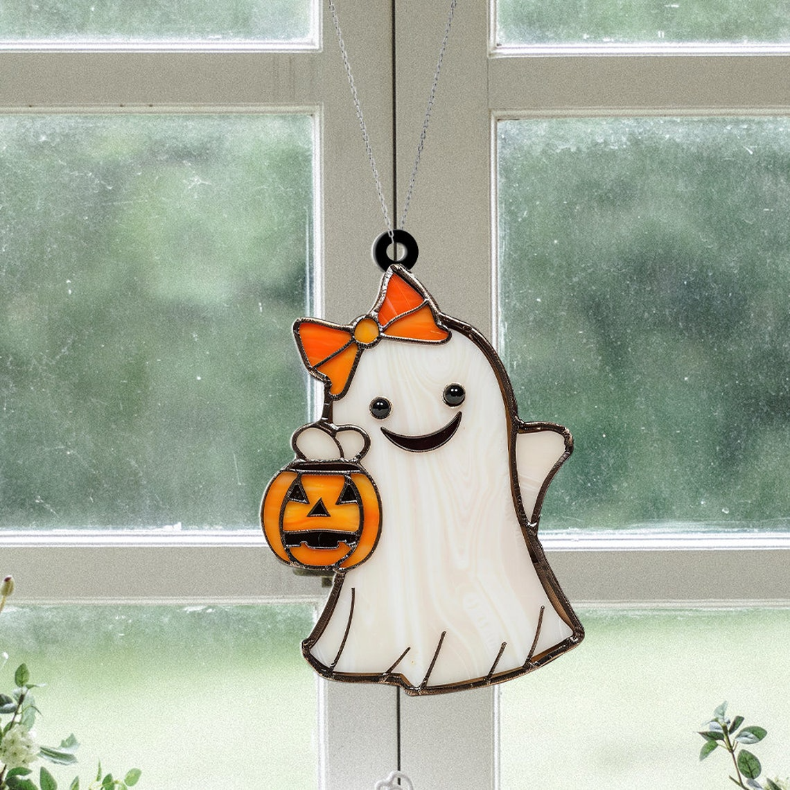 Ghost Laugh and Pumpkin Halloween Suncatcher, Ghost Hanging Window Ornament