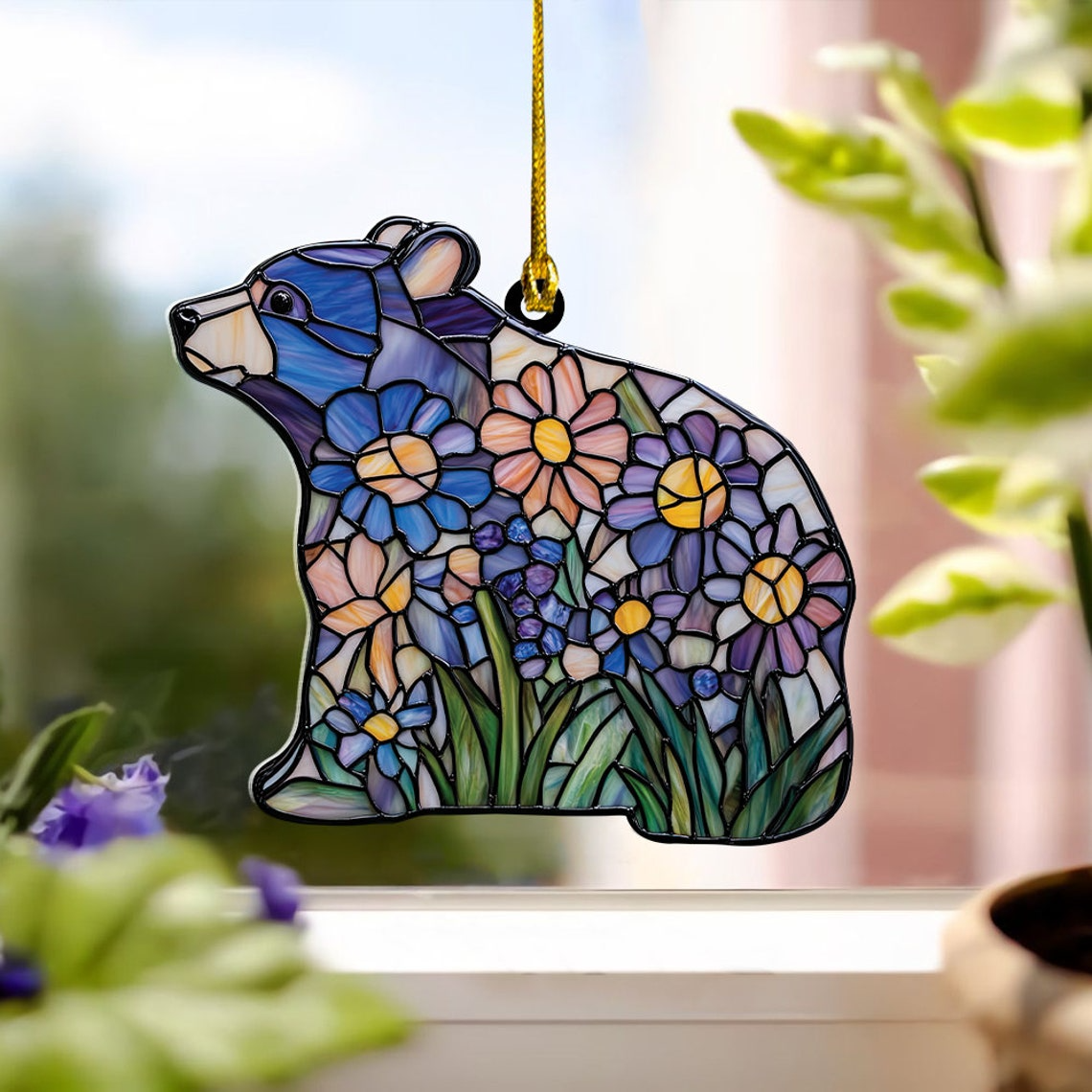 Bear Flower Suncatcher Ornament, Bear Flower Sun Light Catcher Decor