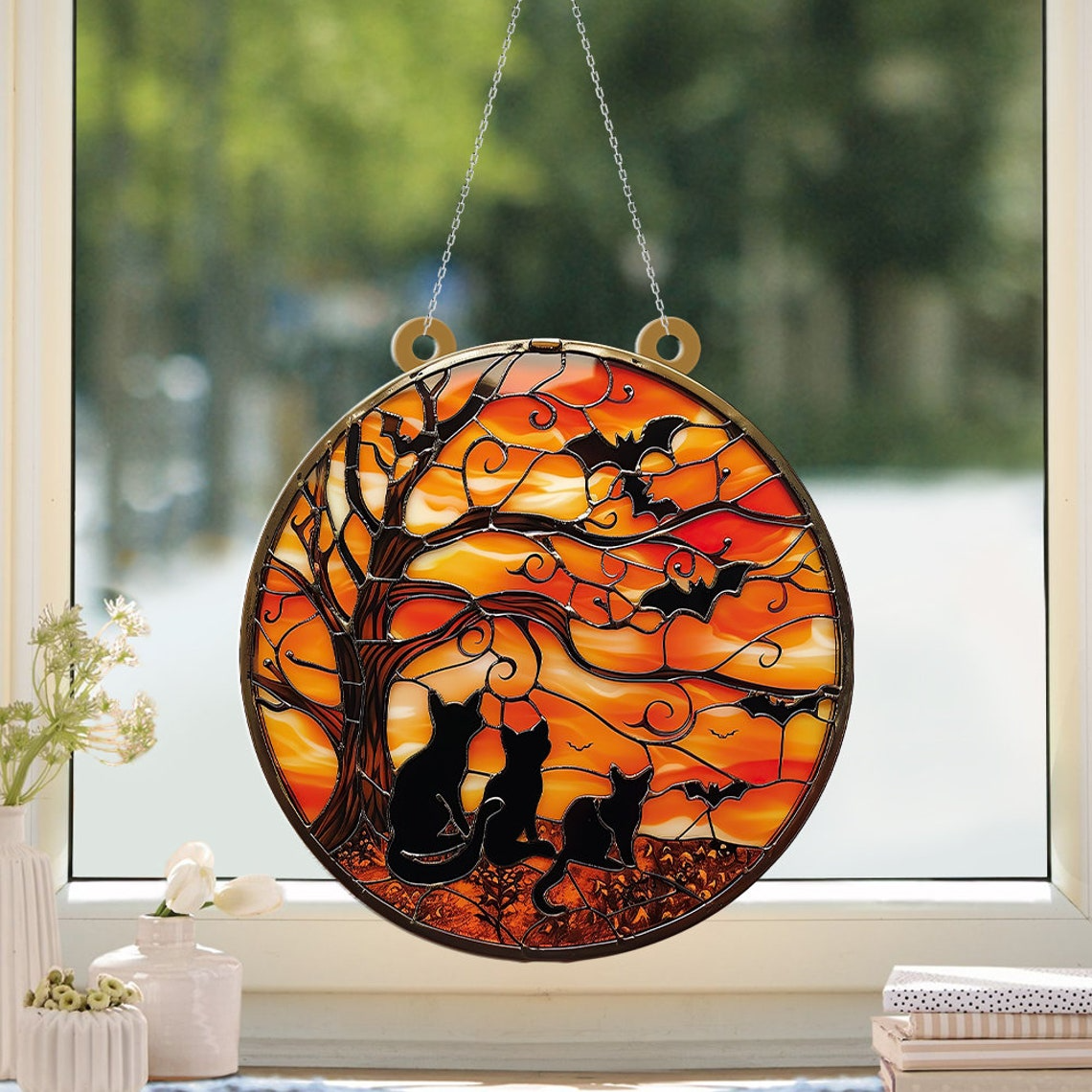 Cats in The Night Halloween Suncatcher Ornament, Halloween Cat Pumpkin Ornament