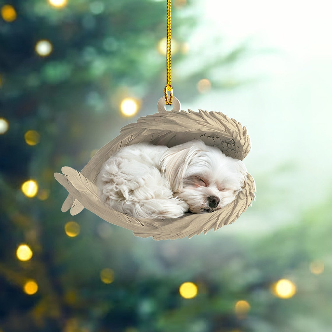 Cute Maltese Dog Christmas Ornament Gift, Maltese Dog Sleeping Angel Wings Ornament