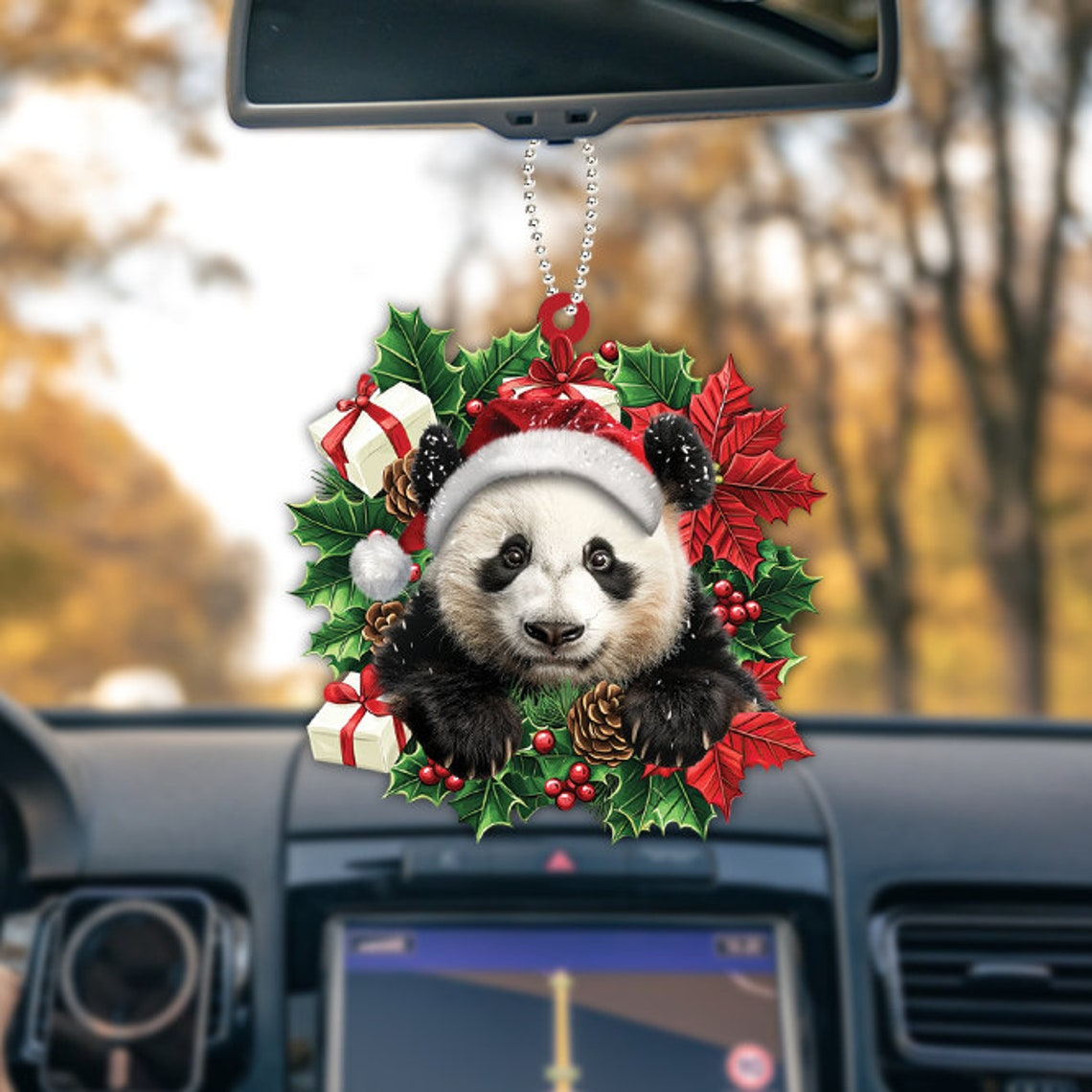 Panda Hanging Christmas Wreath Ornament, Panda Rearview Mirror Car Ornament Decor Gift