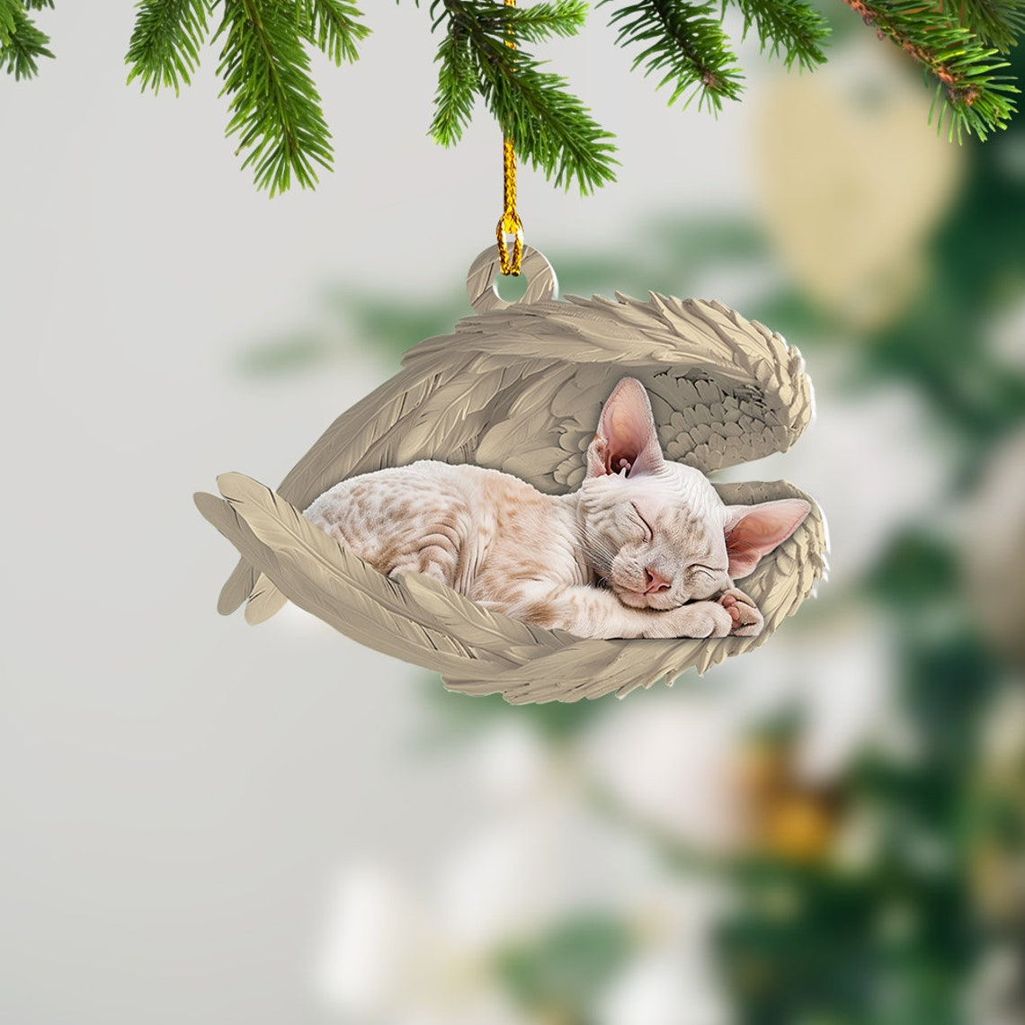 Devon Rex Cat Sleeping Angel Hanging Christmas Ornament, Cute Rex Cat Angel Wings Ornament Decor