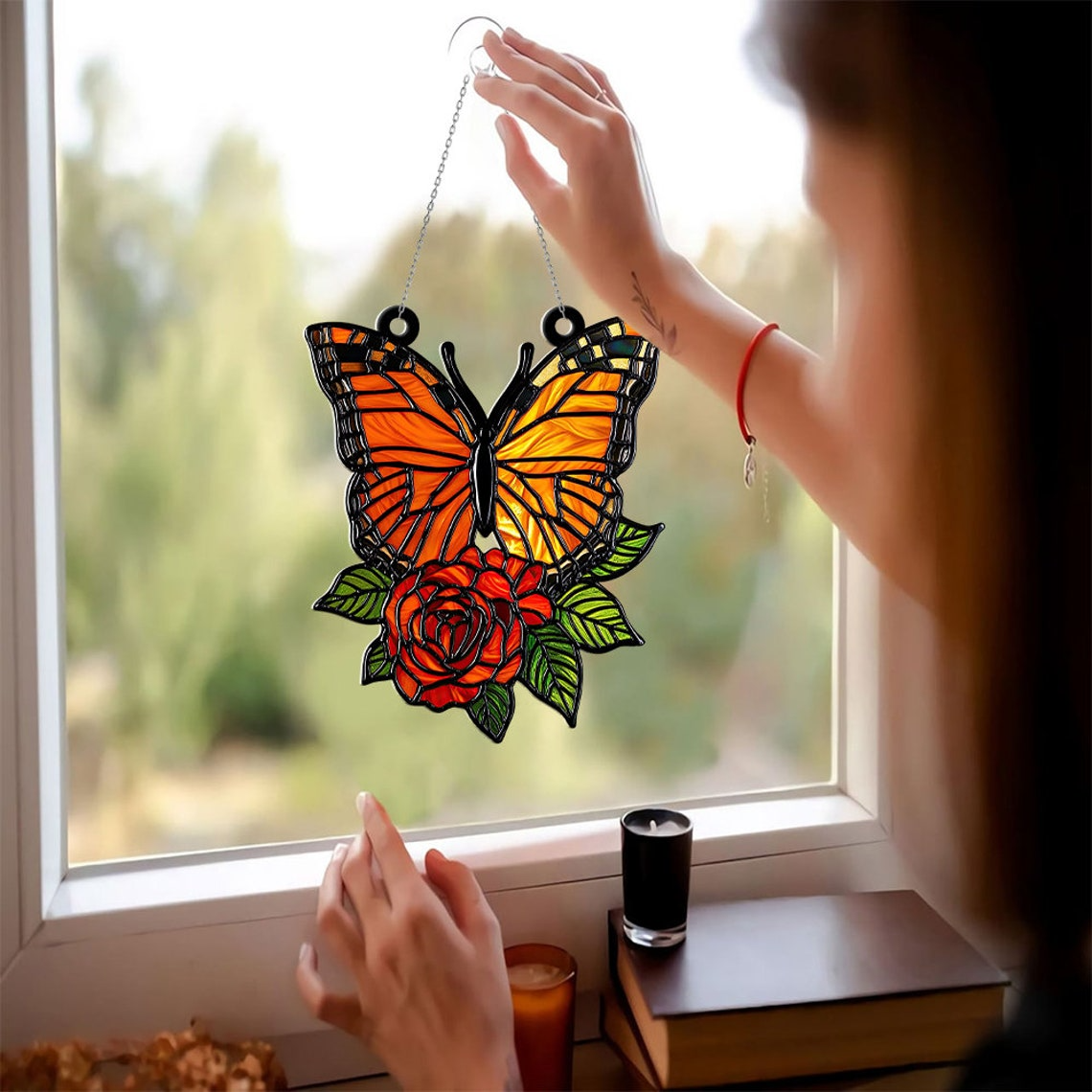 Unique Rose Butterfly Suncatcher Ornament, Flower Acrylic Window Hanging Ornament Decor