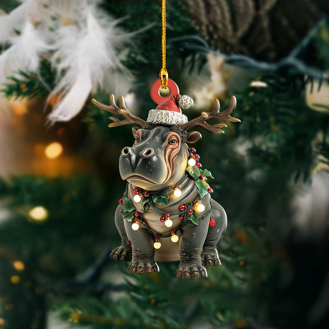 Cute Baby Hippo Moo Deng Hanging Decor Ornament, Christmas Light Hippo Rearview Mirror Car Ornament