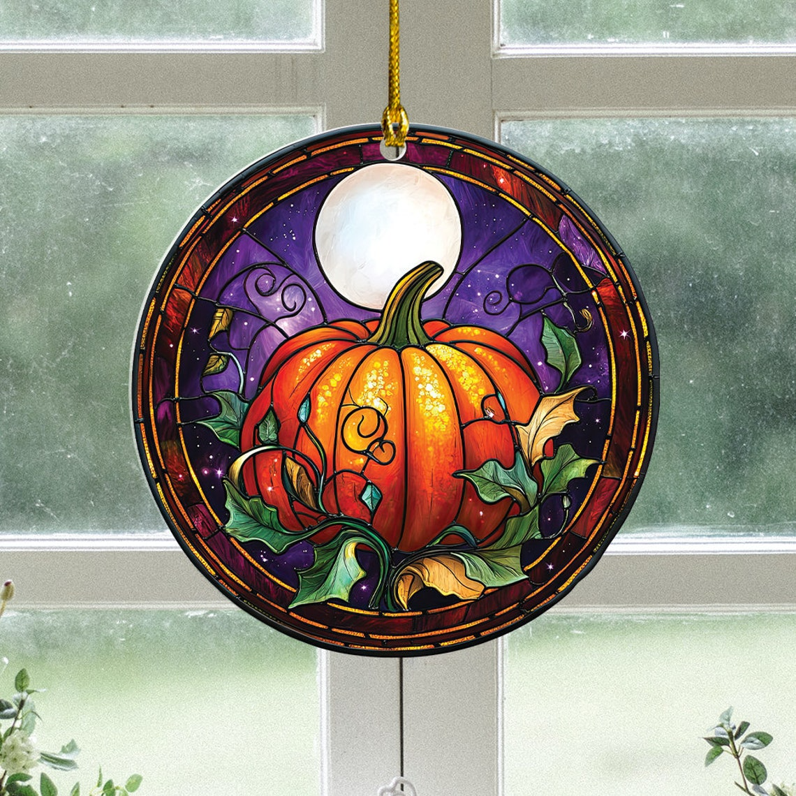 Pumpkin on the Moon Circle Suncatcher, Halloween Pumpkin Home Decor