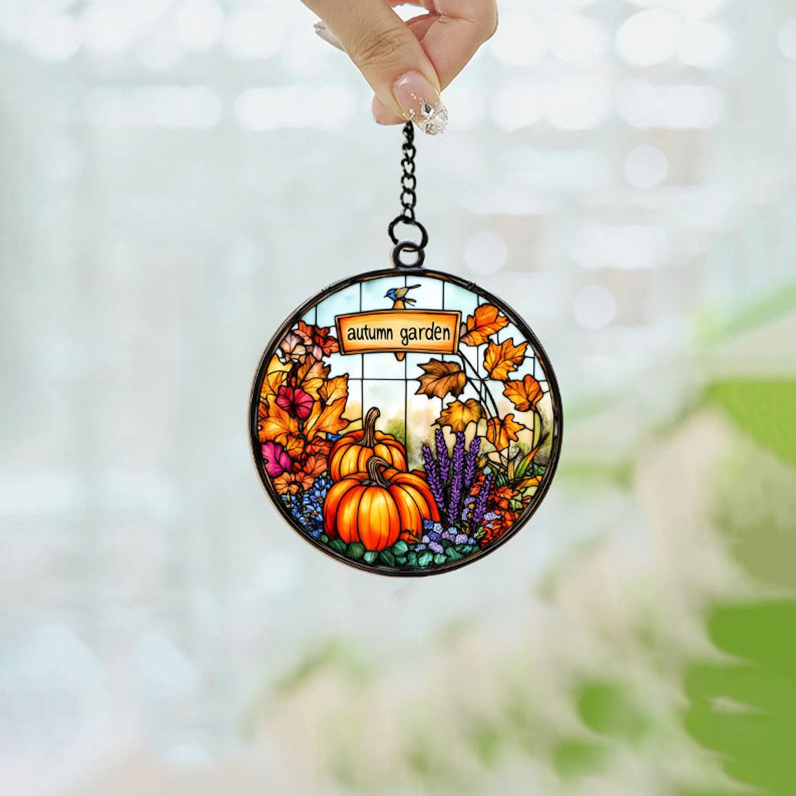 Autumn Pumpkin and Flower Garden Suncatcher, Pumpkin Halloween Ornament