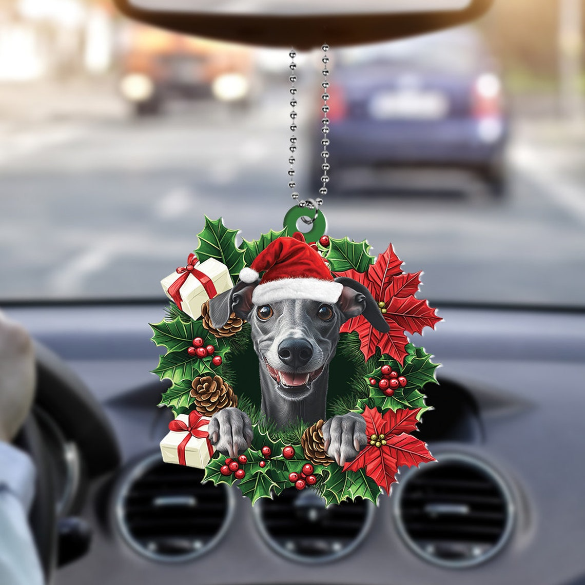 Greyhound Dog Christmas Wreath Ornament, Greyhound Dog Christmas Tree Ornament