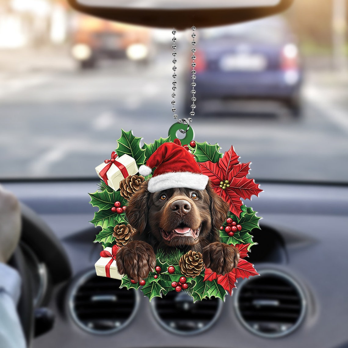 Newfoundland Dog Christmas Wreath Ornament, Newfoundland Dog Christmas Ornament Decor