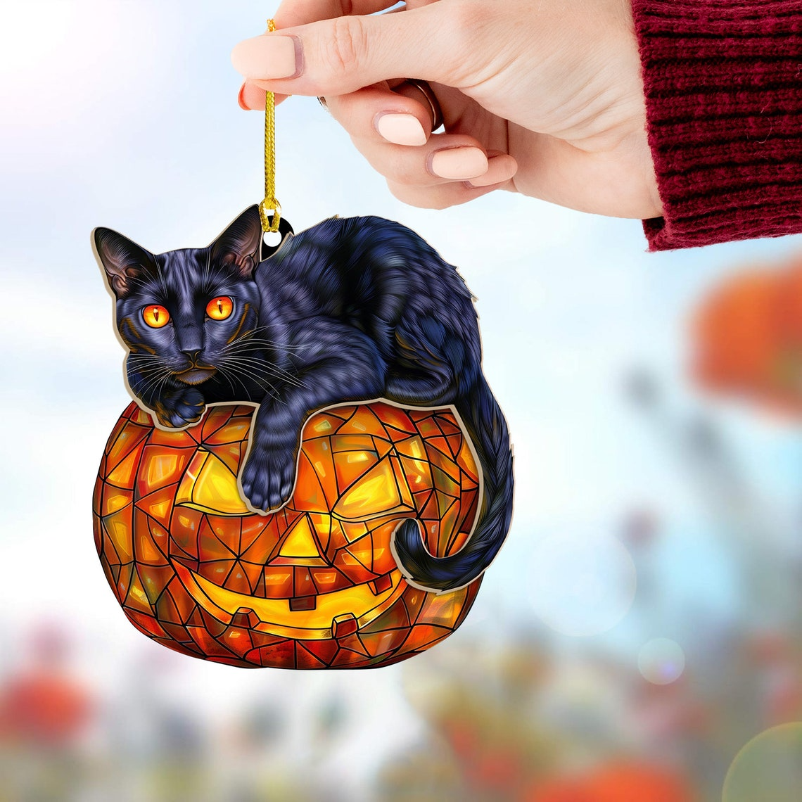 Cat Lying on the Pumpkin Halloween Hanging Suncatcher, Halloween Cute Cat Pumpkin Ornament