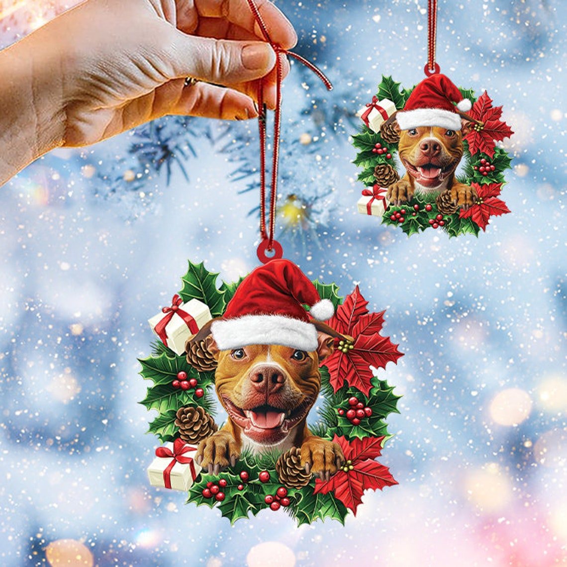 Pitbull Dog Christmas Wreath Ornament Decor, Cute Dog Hanging Christmas Ornament Decor Gift